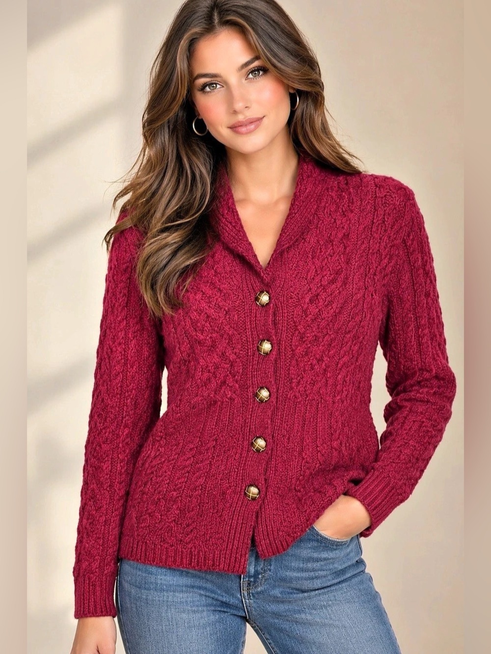 Inis Crafts 100% Merino Wool Cardigan Sweater in Burgundy Size Small Like New